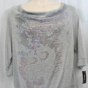 Style & Co Paisley Doodle Silver Beaded Floral Sheer Top Size 0X